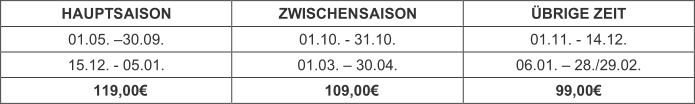 HAUPT SAISON   ZWISCHEN S AISON   ÜBRIGE ZEIT   01 .0 5 .  – 30.09 .   01.10 .  -   31 . 10 .   01. 11.  -   14 .12.   15 .12.  -   05.01.   01 .03.  –   30.04 .   06.01.  –   28./29 .0 2 .   119,00€   109,00€   99,00€