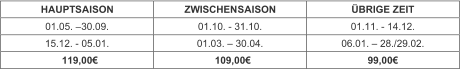 HAUPT SAISON   ZWISCHEN S AISON   ÜBRIGE ZEIT   01 .0 5 .  – 30.09 .   01.10 .  -   31 . 10 .   01. 11.  -   14 .12.   15 .12.  -   05.01.   01 .03.  –   30.04 .   06.01.  –   28./29 .0 2 .   119,00€   109,00€   99,00€